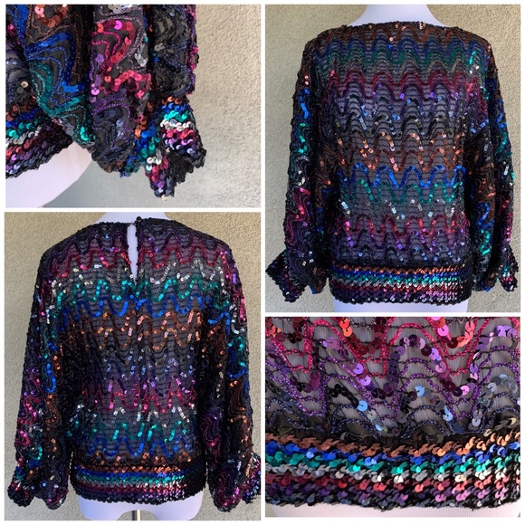 Multi-Colored Sequined Top on Black Chiffon Disco - Picture 2 of 8